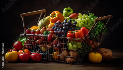 Healthy eating with organic vegetables, fruits and multi colored ingredients generated by AI