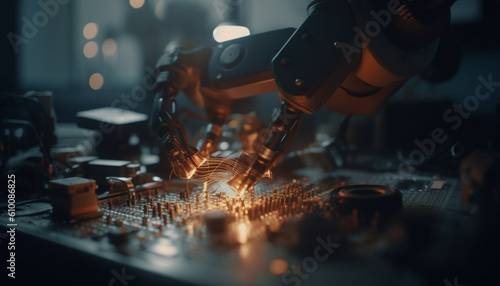 Robotic arm welding metal with precision in futuristic manufacturing workshop generated by AI