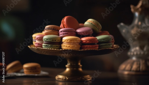 A colorful stack of French macaroons on a rustic cakestand generated by AI