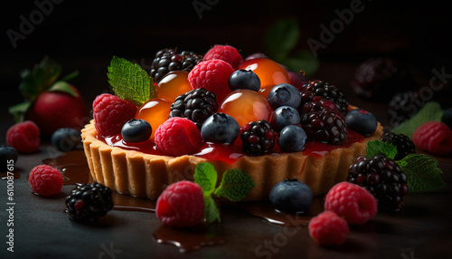 A gourmet berry dessert plate with fresh raspberry and blueberry generated by AI