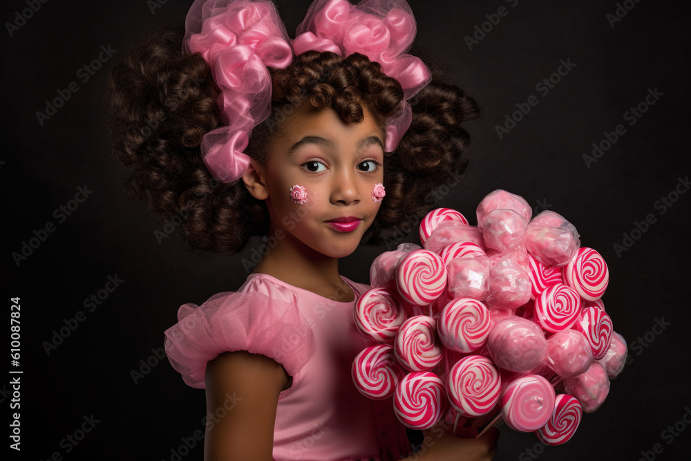Fototapeta premium A cartoony beauty pageant contestant wearing a frilly pink dress, her hair piled high into a pink bow, holding a bouquet of candy hearts in one hand and a lollipop in the other.