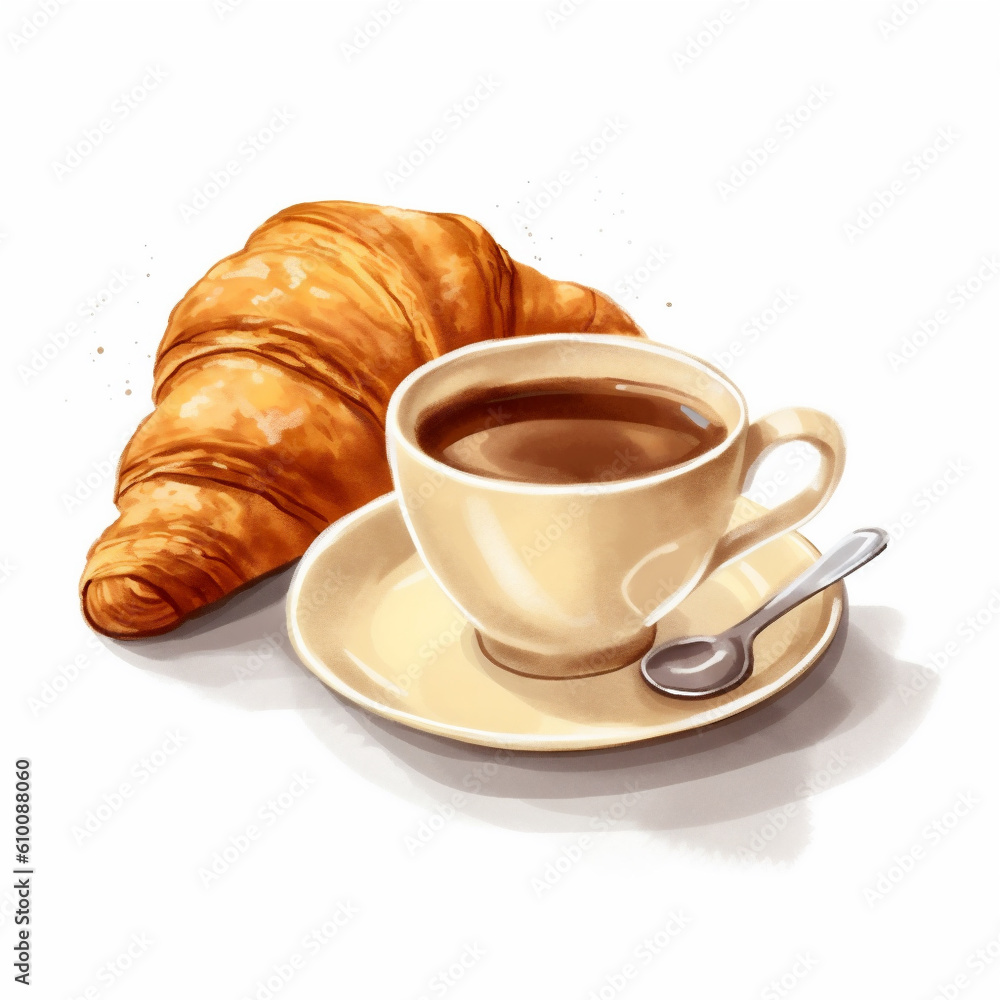 illustration of a croissant and cup of coffee isolated on white background, ai generated illustration of a croissant and cup of coffee isolated on white background, ai generated