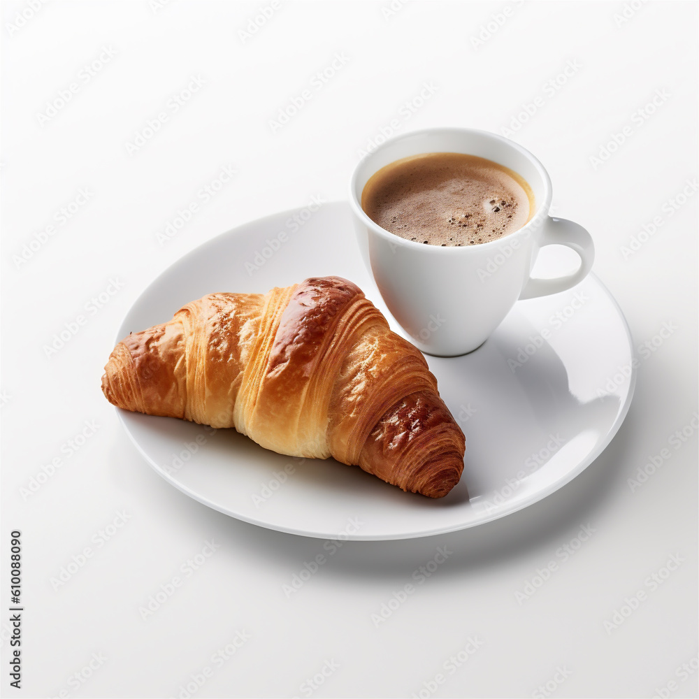top view of a croissant and cup of coffee on white background, ai generated top view of a croissant and cup of coffee on white background, ai generated