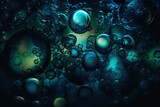 abstract and otherworldly image of translucent plastic bubbles in various shades of green and blue, floating in a dark and mysterious background, generative ai