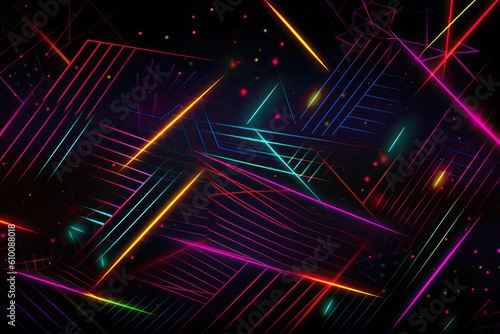 Abstract 80s-style pattern with bright neon lines and shapes on a dark background, generative ai photo