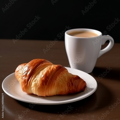 a croissant and cup of coffee on wooden table, dark background, ai generated