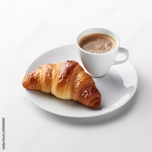 top view of a croissant and cup of coffee on white background, ai generated