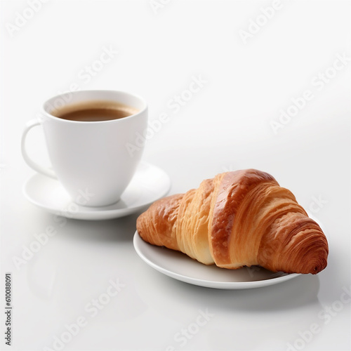 a croissant and cup of coffee on white background, ai generated