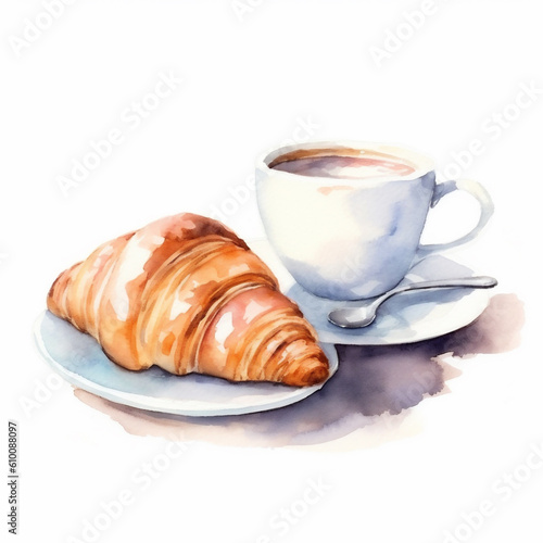 water color illustration of a croissant and cup of coffee isolated on white background  ai generated
