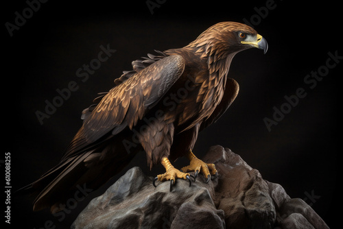 A photorealistic image of a majestic golden eagle perched atop a rocky outcropping, its wings spread wide with a single feather clutched tightly in its talons - a symbol of loyalty and protection