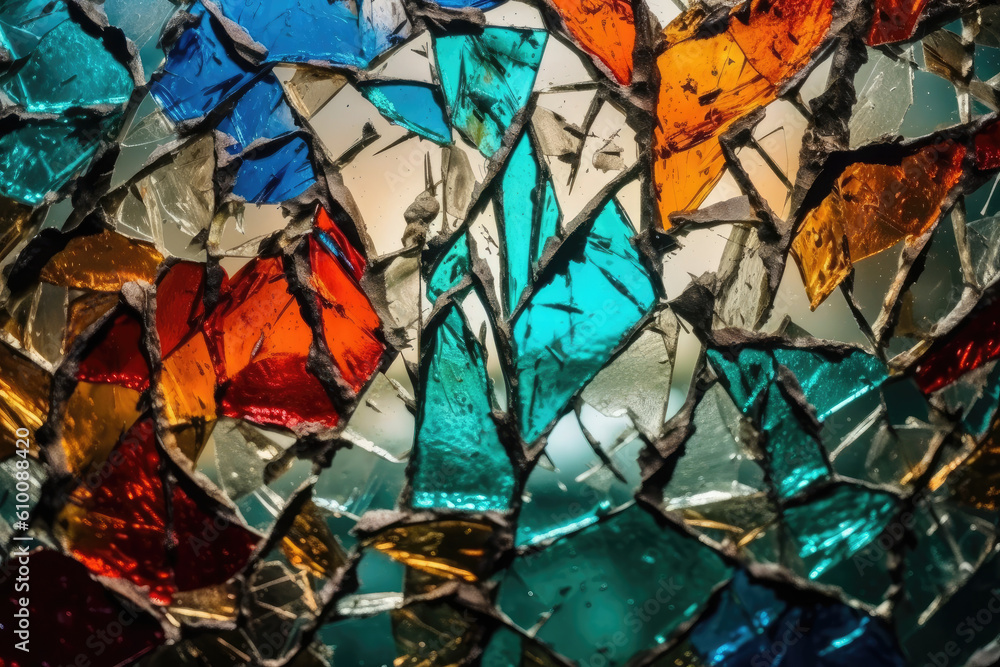 Abstract background of cracked glass texture with vibrant shards and