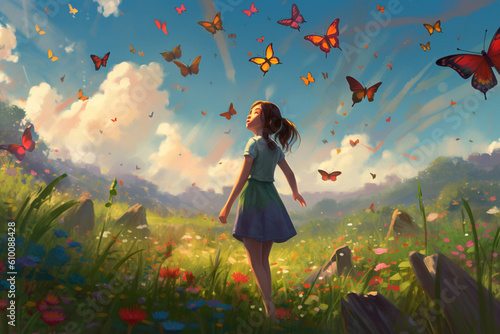 A small animated girl in a sundress stands barefoot in a sun-drenched meadow, her face turned skyward in wonder as a flock of multi-colored butterflies flutter above her.