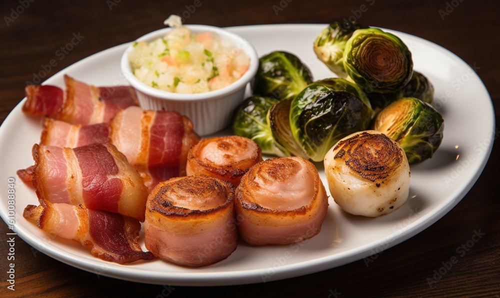  a plate of food with bacon, brussel sprouts, brussel sprouts, brussel sprouts, and other food items.  generative ai