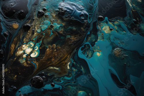 Abstract depiction of an oil spill in a body of water, with colors ranging from dark blues to murky greens and black, showcasing the devastating impact on the environment, generative ai