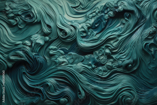 Abstract embossed swirls in shades of blue and green resembling ocean waves  generative ai