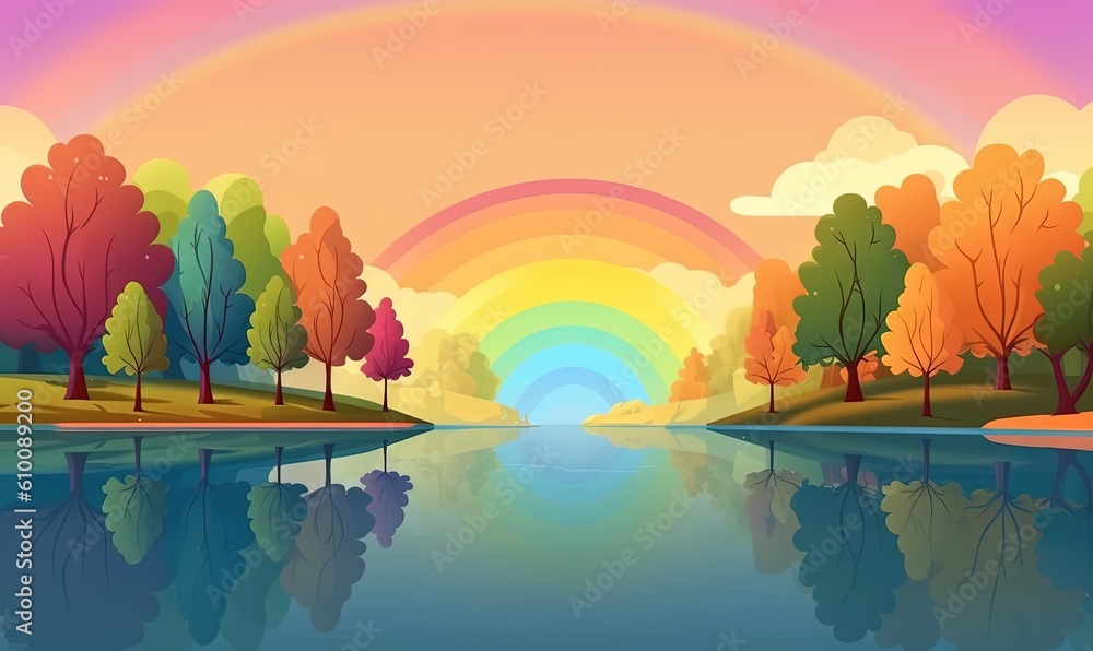  a painting of a river with trees and a rainbow in the sky above it, and a rainbow in the sky above it, and a rainbow in the sky above the water.  generative ai