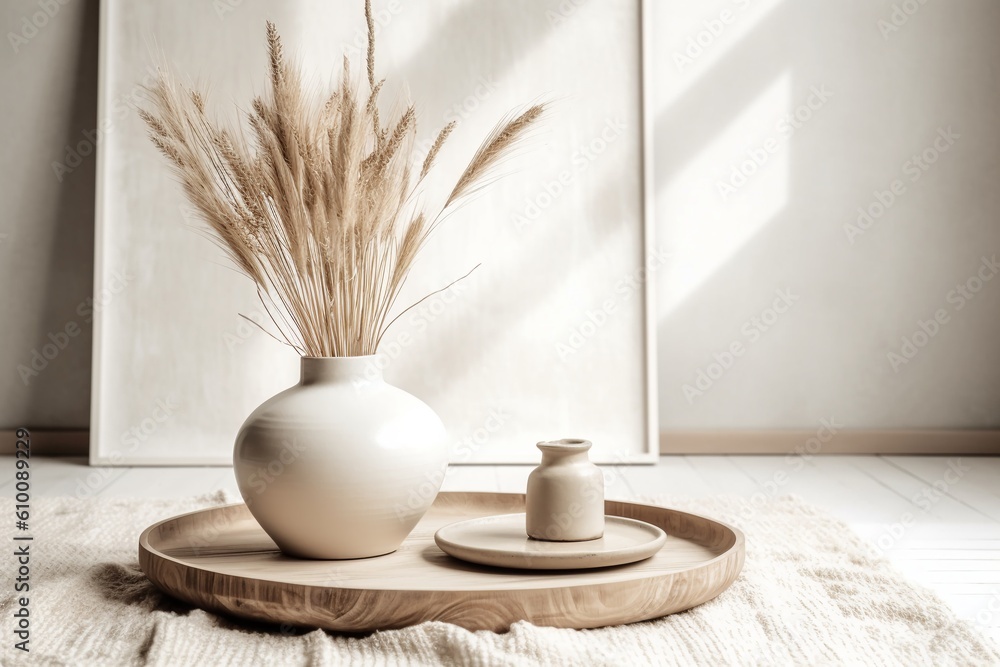 vase with dry grass on an wooden tray in living room. Scandinavian interior. Generative ai