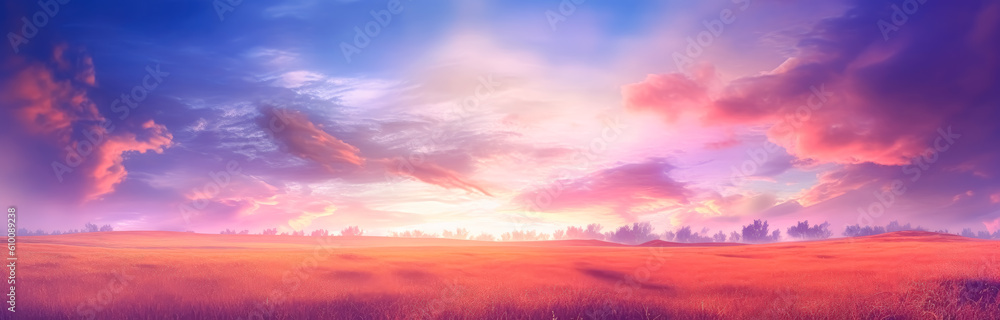 Sunset sky with cloud on a beach, in the style of light violet and light beige, impressive panoramas, colorful banner. Generative Ai.