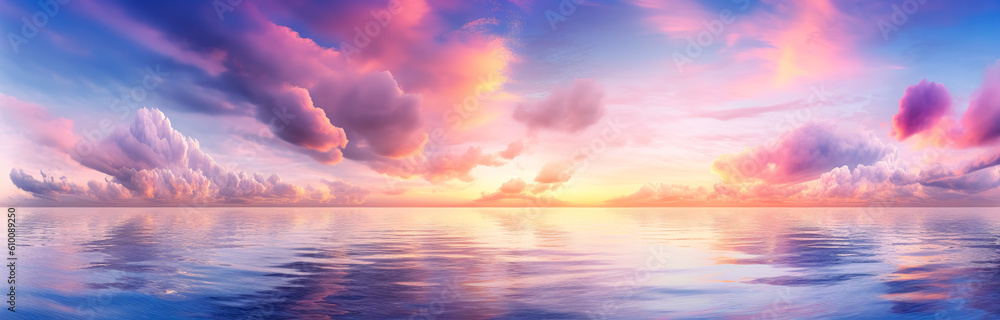 Sunset sky with cloud on a beach, in the style of light violet and light beige, impressive panoramas, colorful banner. Generative Ai. Sunset sky with cloud on a beach, in the style of light violet and light beige, impressive panoramas, colorful banner. Generative Ai.