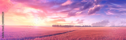Sunset sky with cloud on a beach, in the style of light violet and light beige, impressive panoramas, colorful banner. Generative Ai.