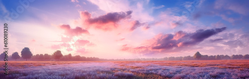 Sunset sky with cloud on a beach, in the style of light violet and light beige, impressive panoramas, colorful banner. Generative Ai. © Saulo Collado