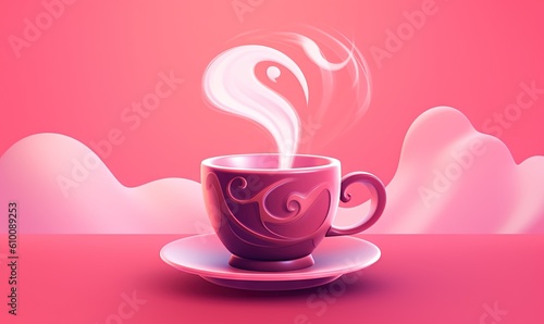  a coffee cup with steam rising out of it on a saucer on a pink background with clouds in the sky and a pink background.  generative ai