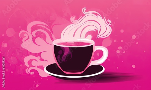  a cup of coffee with steam coming out of it on a pink background with a swirly design on the top of the cup and bottom of the cup. generative ai