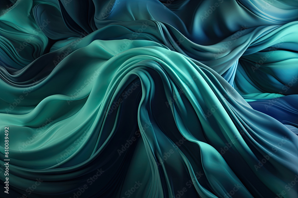 Obraz premium Abstract satin waves in shades of blue and green, generative ai