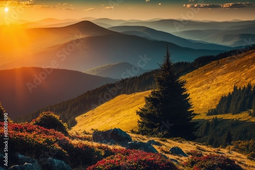The Carpathian Mountains of Ukraine. mountains as the sun sets. The scenery is magnificent in the summertime. image of a superior. Generative AI