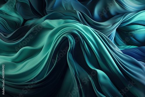 Abstract satin waves in shades of blue and green, generative ai