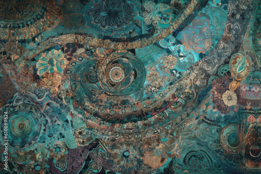 Abstract tapestry texture in vibrant shades of blue and green, featuring intricate patterns and designs, generative ai