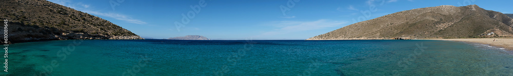 Real panoramic view of the stunning turquoise sandy beach of Agia Theodoti in Ios Cyclades Greece