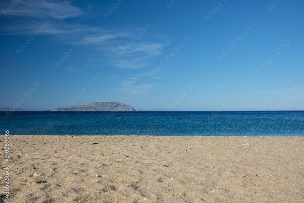 Panoramic view of the amazing sandy and turquoise beach of Agia Theodoti in Ios Cyclades Greece