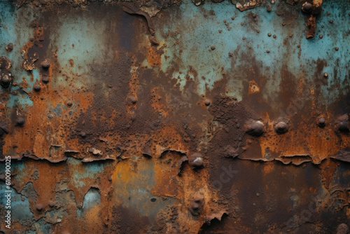 Aged and weathered metal surface with rust and patina, creating a textured and industrial wallpaper, generative ai
