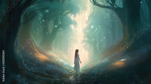 Fotografia art illustration, woman elf sorcerer walking in fairy forest with magic power em