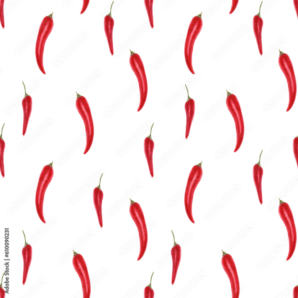 Modern botanical watercolor in traditional style. Red hot cayenne peppers, seamless pattern Modern botanical watercolor in traditional style. Red hot cayenne peppers, seamless pattern
