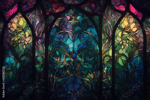 Art nouveau stained glass window inspired wallpaper with vibrant jewel-toned colors, generative ai
