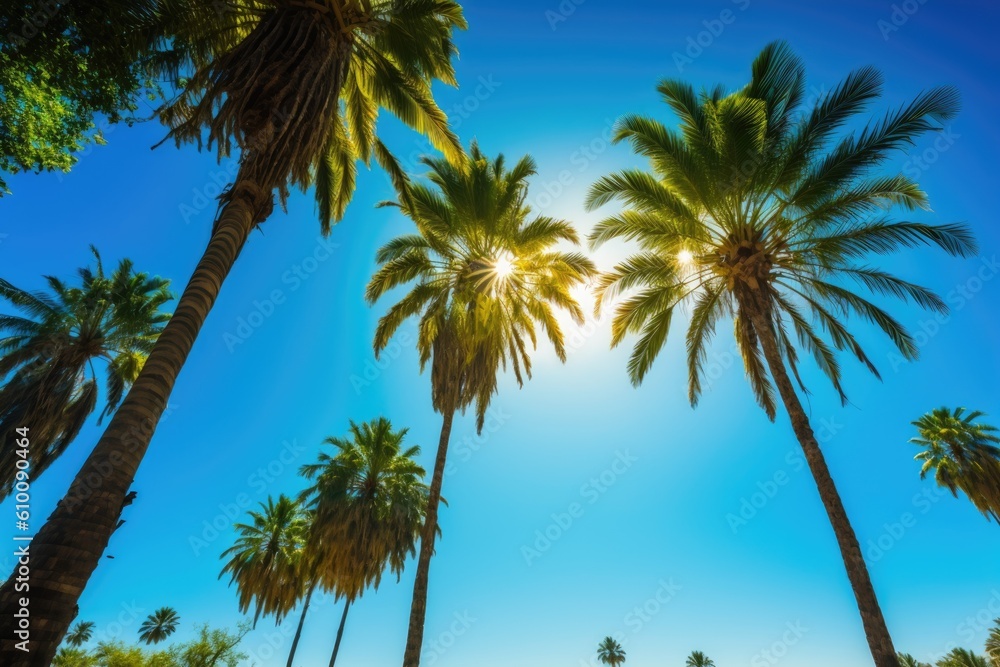 Palm trees against a clear blue sky. Generative AI