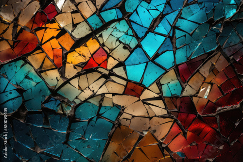 Artistic and colorful cracked glass texture with abstract shapes and lines, generative ai