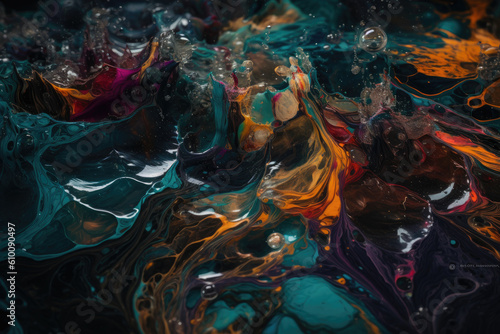 Artistic interpretation of an oil spill in a river, with colorful and chaotic swirls of oil mixing with the natural flow of the water, generative ai