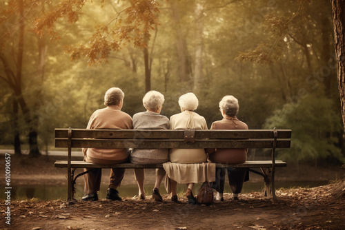 A group of mature old ladies, grandmothers, spending time together in the middle of a park sitting on a bench. Generative AI