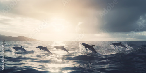 Dolphins jumping out of the water poster with copy space - Generative AI © comicsans