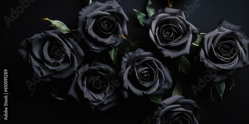 Top view of black roses lying on black background surface. Copy space for text. Creative gothic luxury banner template. Bouquet of black roses. Generative AI professional photo imitation.