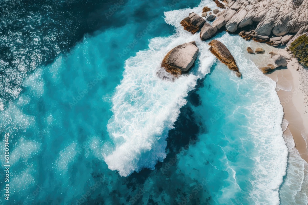 the beach and the huge waves in the ocean. As a background, a high rocky shore. Blue water background produced by a drone. aerial picture of a seascape in the summer. picture of a Generative AI