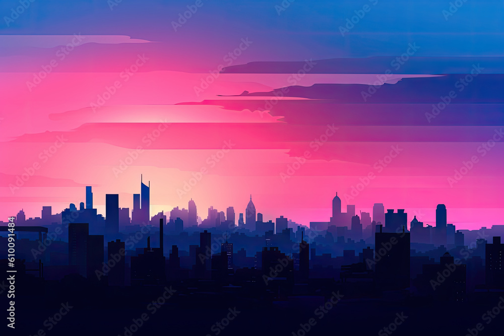 Blue and Pink Sunset Gradient over City Skyline, generative ai Blue and Pink Sunset Gradient over City Skyline, generative ai
