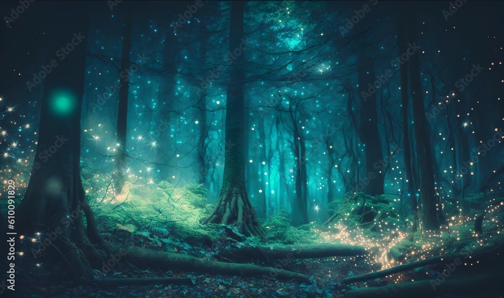 Mystical magical forest at night with glowing lights as soft ethereal ...