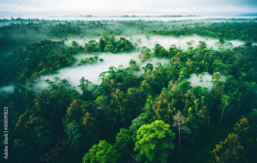 Aerial view of misty forest in the morning. Beautiful nature landscape. Generative AI.