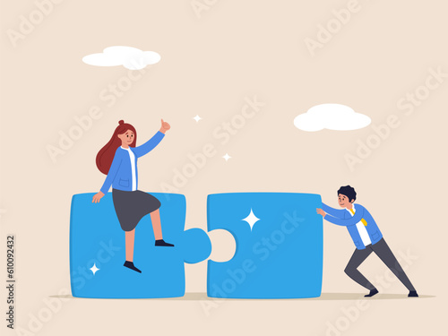 Workplace motivation concept. Employee engagement improve involvement or encourage employee success together, increase value, happy business people, employees help complete jigsaw in their office.