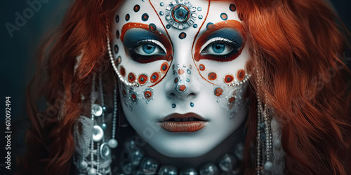 portrait of a woman with red hair and face paint, make up. Generative AI image.