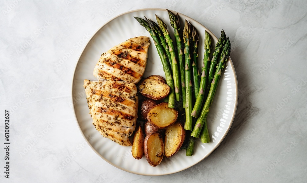 a plate of chicken, asparagus, potatoes and asparagus on a white plate on a marble table top with a marble surface. generative ai a plate of chicken, asparagus, potatoes and asparagus on a white plate on a marble table top with a marble surface. generative ai
